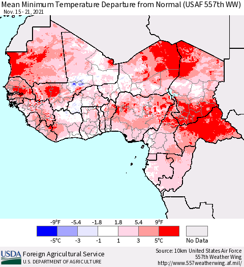Western Africa Mean Minimum Temperature Departure from Normal (USAF 557th WW) Thematic Map For 11/15/2021 - 11/21/2021