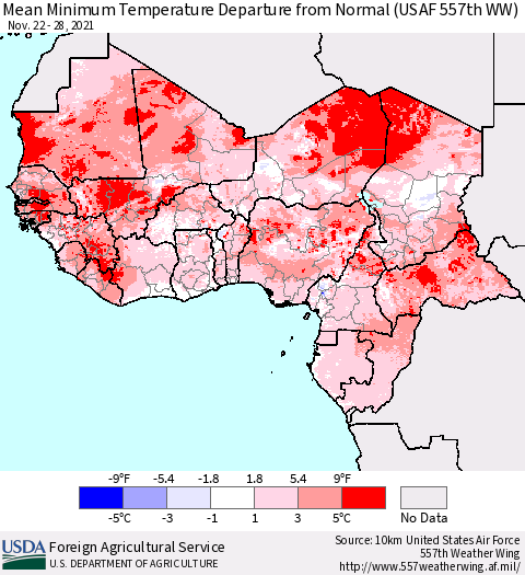 Western Africa Mean Minimum Temperature Departure from Normal (USAF 557th WW) Thematic Map For 11/22/2021 - 11/28/2021