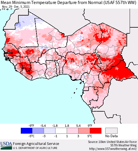 Western Africa Mean Minimum Temperature Departure from Normal (USAF 557th WW) Thematic Map For 11/29/2021 - 12/5/2021