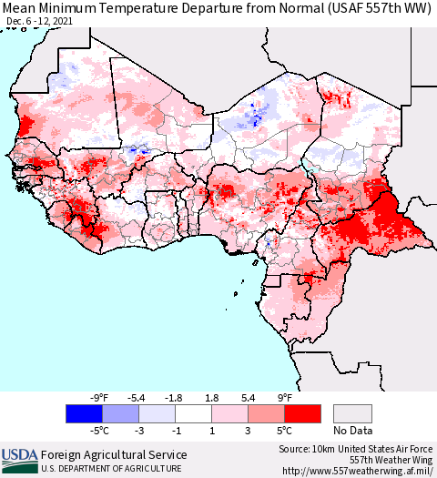 Western Africa Mean Minimum Temperature Departure from Normal (USAF 557th WW) Thematic Map For 12/6/2021 - 12/12/2021