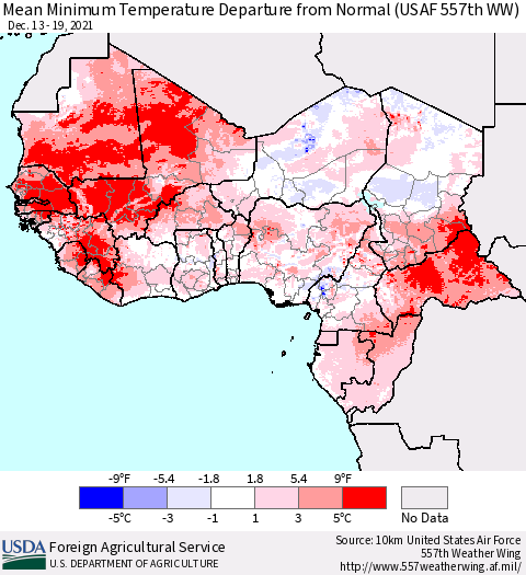 Western Africa Mean Minimum Temperature Departure from Normal (USAF 557th WW) Thematic Map For 12/13/2021 - 12/19/2021