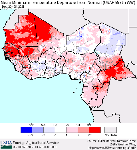 Western Africa Mean Minimum Temperature Departure from Normal (USAF 557th WW) Thematic Map For 12/20/2021 - 12/26/2021