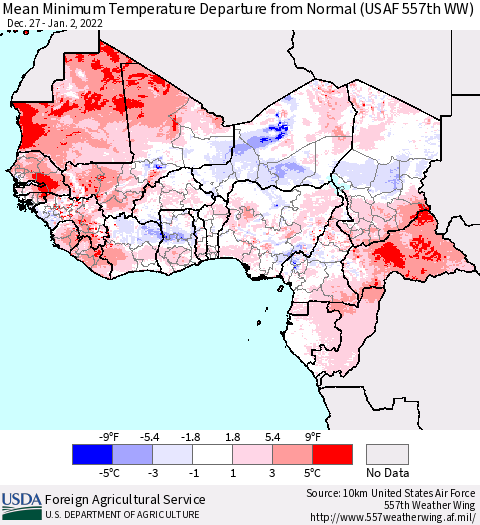 Western Africa Mean Minimum Temperature Departure from Normal (USAF 557th WW) Thematic Map For 12/27/2021 - 1/2/2022