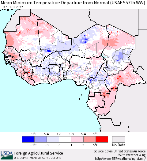 Western Africa Mean Minimum Temperature Departure from Normal (USAF 557th WW) Thematic Map For 1/3/2022 - 1/9/2022