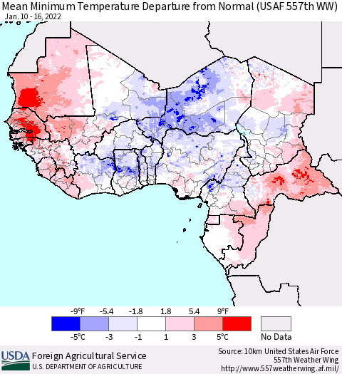 Western Africa Mean Minimum Temperature Departure from Normal (USAF 557th WW) Thematic Map For 1/10/2022 - 1/16/2022