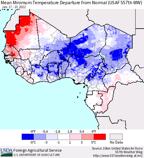 Western Africa Mean Minimum Temperature Departure from Normal (USAF 557th WW) Thematic Map For 1/17/2022 - 1/23/2022