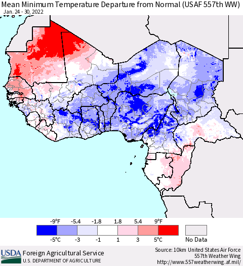 Western Africa Mean Minimum Temperature Departure from Normal (USAF 557th WW) Thematic Map For 1/24/2022 - 1/30/2022