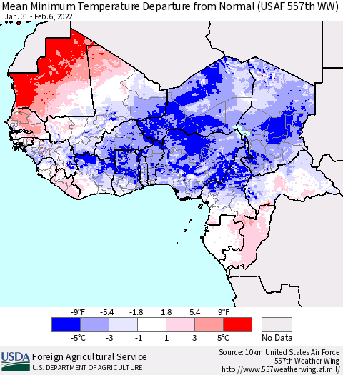 Western Africa Mean Minimum Temperature Departure from Normal (USAF 557th WW) Thematic Map For 1/31/2022 - 2/6/2022