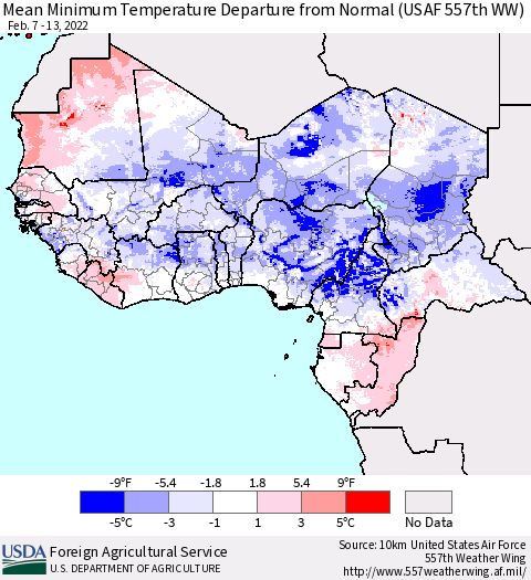 Western Africa Mean Minimum Temperature Departure from Normal (USAF 557th WW) Thematic Map For 2/7/2022 - 2/13/2022