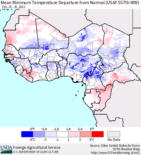 Western Africa Mean Minimum Temperature Departure from Normal (USAF 557th WW) Thematic Map For 2/14/2022 - 2/20/2022
