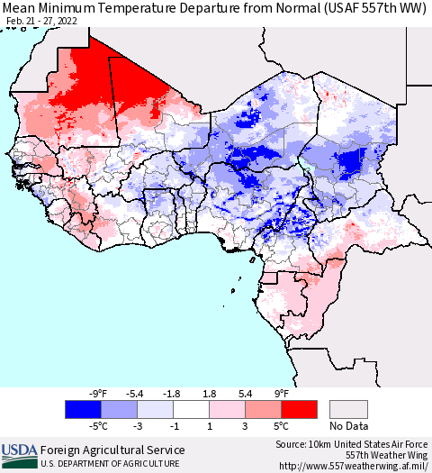Western Africa Mean Minimum Temperature Departure from Normal (USAF 557th WW) Thematic Map For 2/21/2022 - 2/27/2022