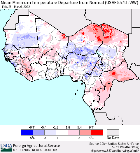 Western Africa Mean Minimum Temperature Departure from Normal (USAF 557th WW) Thematic Map For 2/28/2022 - 3/6/2022