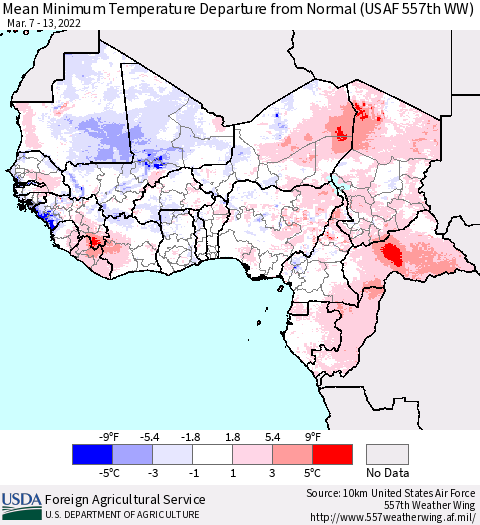 Western Africa Mean Minimum Temperature Departure from Normal (USAF 557th WW) Thematic Map For 3/7/2022 - 3/13/2022