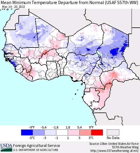 Western Africa Mean Minimum Temperature Departure from Normal (USAF 557th WW) Thematic Map For 3/14/2022 - 3/20/2022