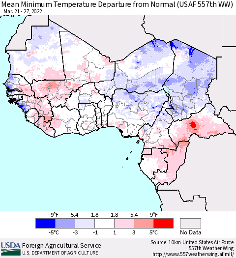 Western Africa Mean Minimum Temperature Departure from Normal (USAF 557th WW) Thematic Map For 3/21/2022 - 3/27/2022