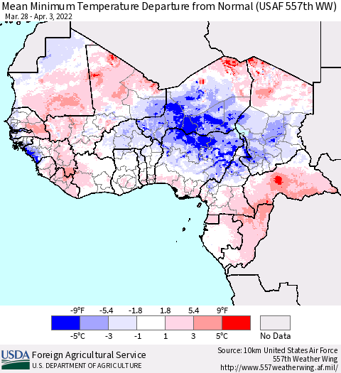 Western Africa Mean Minimum Temperature Departure from Normal (USAF 557th WW) Thematic Map For 3/28/2022 - 4/3/2022