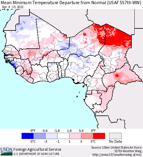 Western Africa Mean Minimum Temperature Departure from Normal (USAF 557th WW) Thematic Map For 4/4/2022 - 4/10/2022