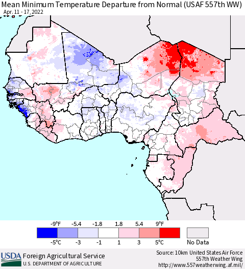 Western Africa Mean Minimum Temperature Departure from Normal (USAF 557th WW) Thematic Map For 4/11/2022 - 4/17/2022