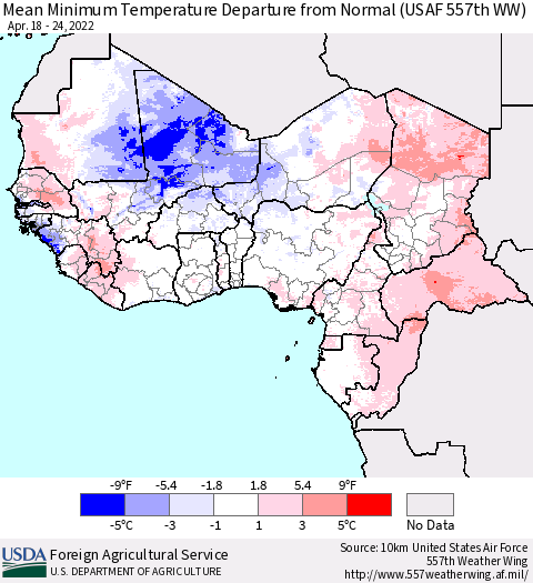 Western Africa Mean Minimum Temperature Departure from Normal (USAF 557th WW) Thematic Map For 4/18/2022 - 4/24/2022