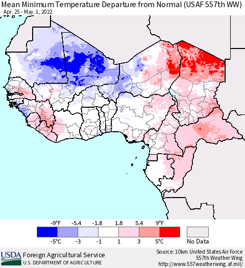 Western Africa Mean Minimum Temperature Departure from Normal (USAF 557th WW) Thematic Map For 4/25/2022 - 5/1/2022