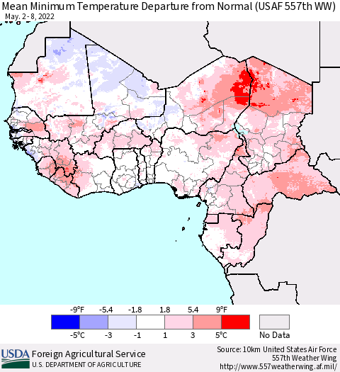 Western Africa Mean Minimum Temperature Departure from Normal (USAF 557th WW) Thematic Map For 5/2/2022 - 5/8/2022