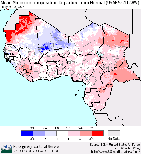 Western Africa Mean Minimum Temperature Departure from Normal (USAF 557th WW) Thematic Map For 5/9/2022 - 5/15/2022