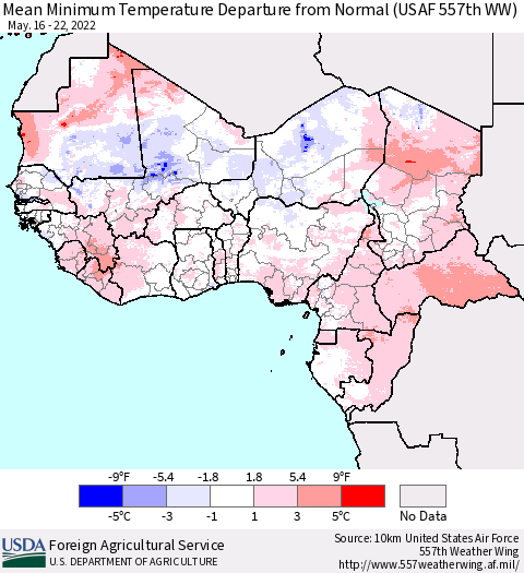 Western Africa Mean Minimum Temperature Departure from Normal (USAF 557th WW) Thematic Map For 5/16/2022 - 5/22/2022