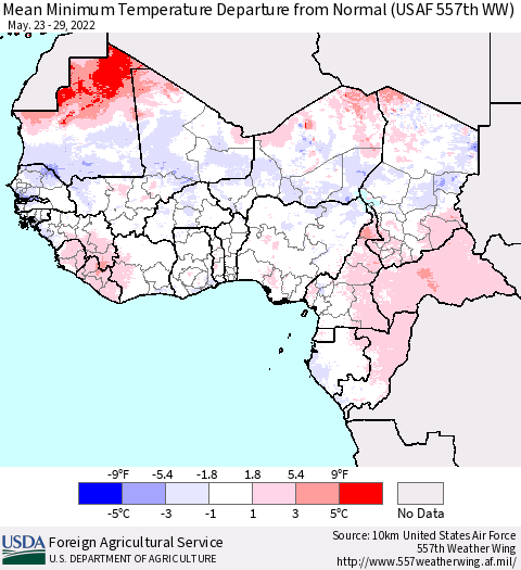 Western Africa Mean Minimum Temperature Departure from Normal (USAF 557th WW) Thematic Map For 5/23/2022 - 5/29/2022
