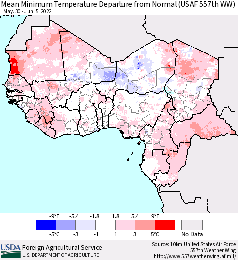 Western Africa Mean Minimum Temperature Departure from Normal (USAF 557th WW) Thematic Map For 5/30/2022 - 6/5/2022