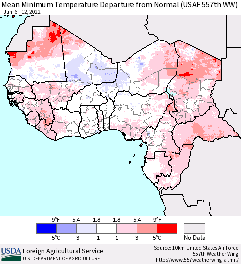 Western Africa Mean Minimum Temperature Departure from Normal (USAF 557th WW) Thematic Map For 6/6/2022 - 6/12/2022