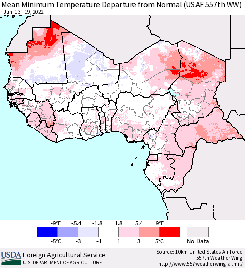 Western Africa Mean Minimum Temperature Departure from Normal (USAF 557th WW) Thematic Map For 6/13/2022 - 6/19/2022