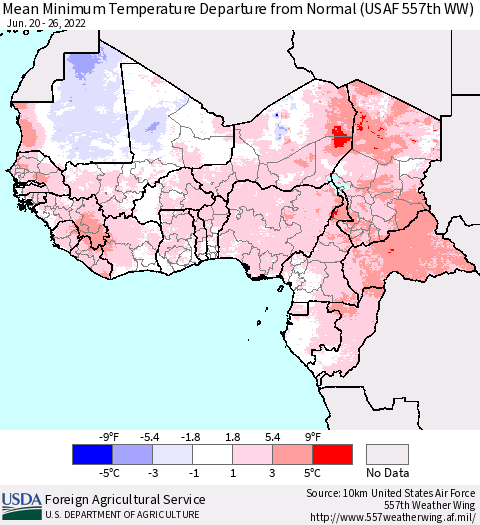 Western Africa Mean Minimum Temperature Departure from Normal (USAF 557th WW) Thematic Map For 6/20/2022 - 6/26/2022