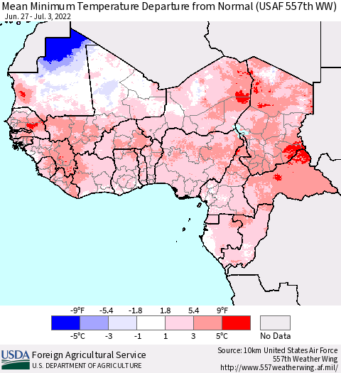 Western Africa Mean Minimum Temperature Departure from Normal (USAF 557th WW) Thematic Map For 6/27/2022 - 7/3/2022