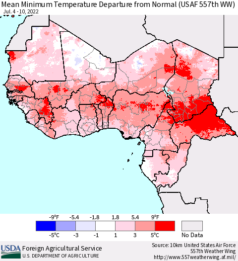 Western Africa Mean Minimum Temperature Departure from Normal (USAF 557th WW) Thematic Map For 7/4/2022 - 7/10/2022