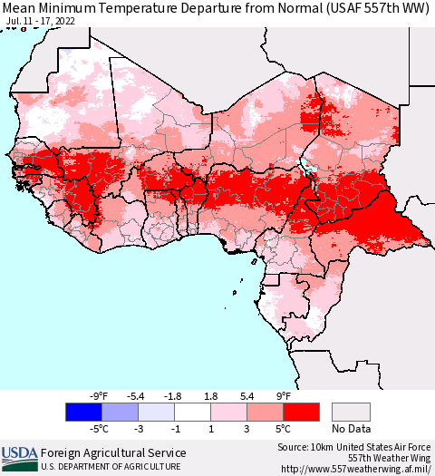Western Africa Mean Minimum Temperature Departure from Normal (USAF 557th WW) Thematic Map For 7/11/2022 - 7/17/2022
