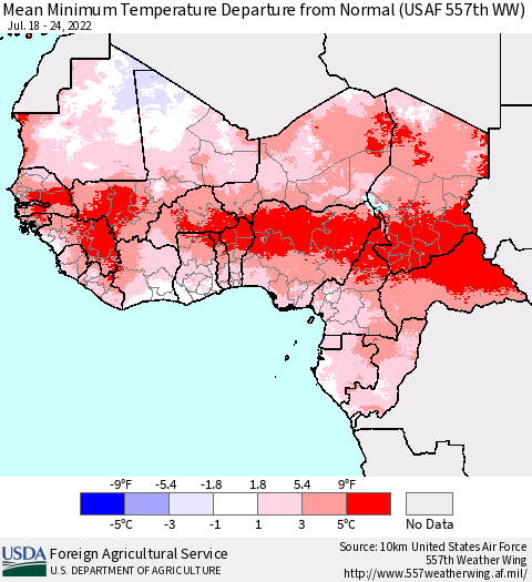 Western Africa Mean Minimum Temperature Departure from Normal (USAF 557th WW) Thematic Map For 7/18/2022 - 7/24/2022