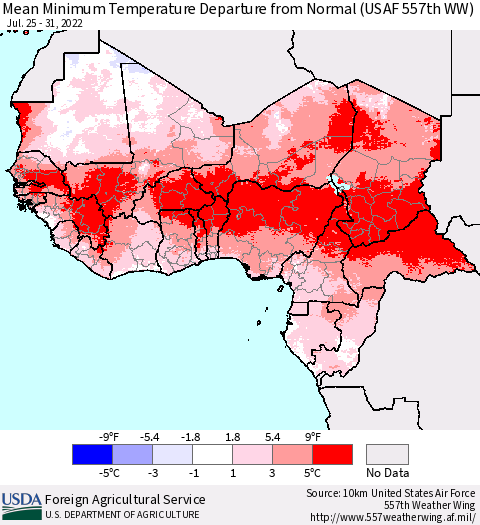 Western Africa Mean Minimum Temperature Departure from Normal (USAF 557th WW) Thematic Map For 7/25/2022 - 7/31/2022