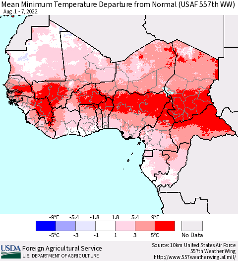 Western Africa Mean Minimum Temperature Departure from Normal (USAF 557th WW) Thematic Map For 8/1/2022 - 8/7/2022
