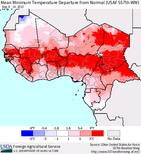 Western Africa Mean Minimum Temperature Departure from Normal (USAF 557th WW) Thematic Map For 8/8/2022 - 8/14/2022