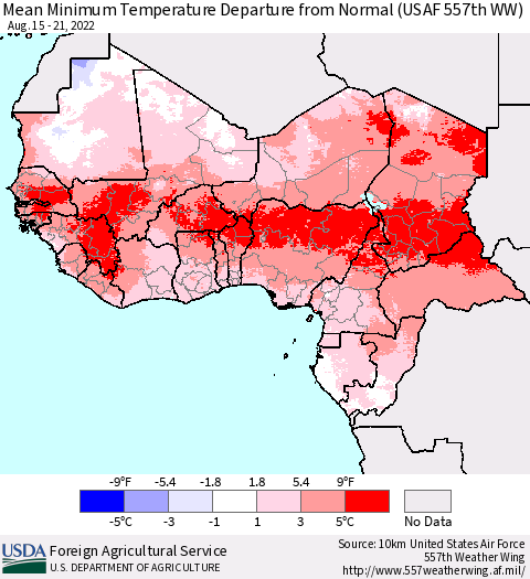 Western Africa Mean Minimum Temperature Departure from Normal (USAF 557th WW) Thematic Map For 8/15/2022 - 8/21/2022