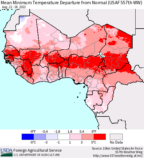 Western Africa Mean Minimum Temperature Departure from Normal (USAF 557th WW) Thematic Map For 8/22/2022 - 8/28/2022