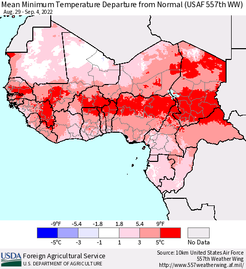 Western Africa Mean Minimum Temperature Departure from Normal (USAF 557th WW) Thematic Map For 8/29/2022 - 9/4/2022