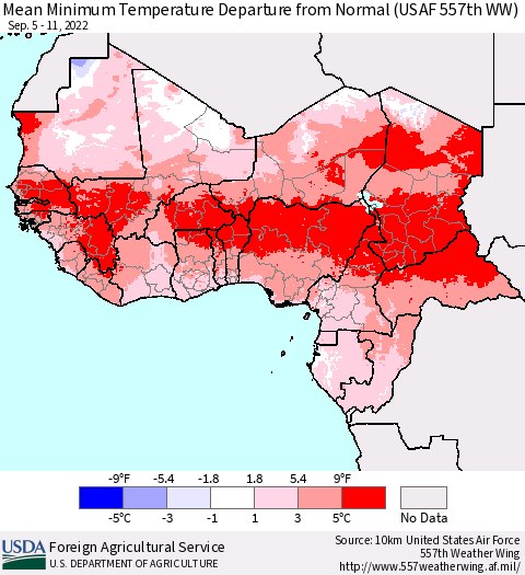 Western Africa Mean Minimum Temperature Departure from Normal (USAF 557th WW) Thematic Map For 9/5/2022 - 9/11/2022