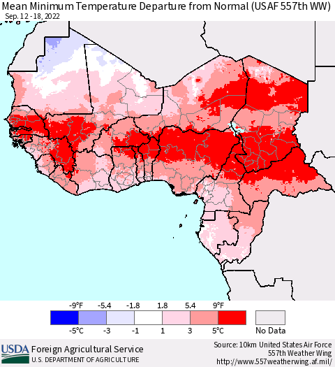 Western Africa Mean Minimum Temperature Departure from Normal (USAF 557th WW) Thematic Map For 9/12/2022 - 9/18/2022