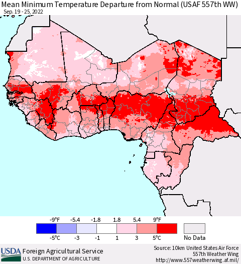 Western Africa Mean Minimum Temperature Departure from Normal (USAF 557th WW) Thematic Map For 9/19/2022 - 9/25/2022