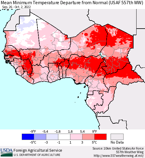 Western Africa Mean Minimum Temperature Departure from Normal (USAF 557th WW) Thematic Map For 9/26/2022 - 10/2/2022