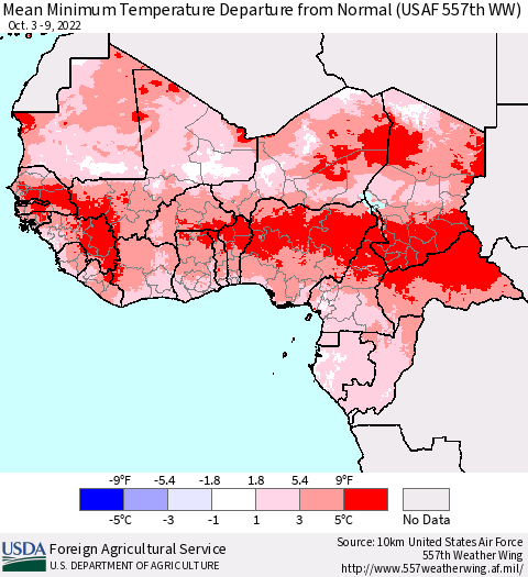 Western Africa Mean Minimum Temperature Departure from Normal (USAF 557th WW) Thematic Map For 10/3/2022 - 10/9/2022