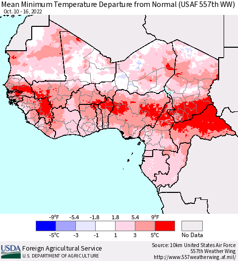 Western Africa Mean Minimum Temperature Departure from Normal (USAF 557th WW) Thematic Map For 10/10/2022 - 10/16/2022