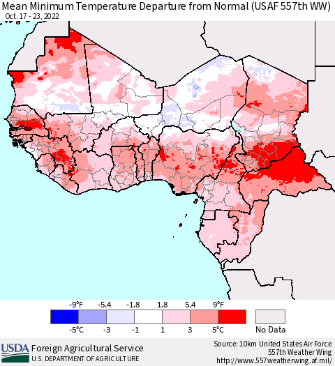 Western Africa Mean Minimum Temperature Departure from Normal (USAF 557th WW) Thematic Map For 10/17/2022 - 10/23/2022