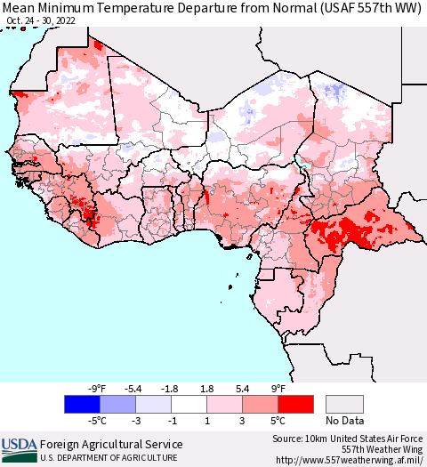 Western Africa Mean Minimum Temperature Departure from Normal (USAF 557th WW) Thematic Map For 10/24/2022 - 10/30/2022